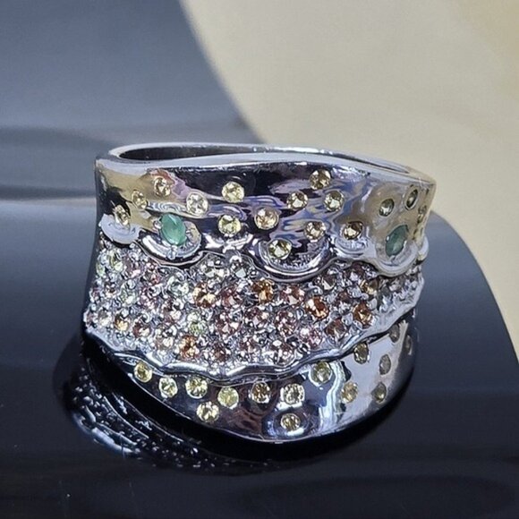 925 Sterling Silver Ring Siz 7.5 with Natural Sapphire & Emerald Gems - Picture 9 of 11